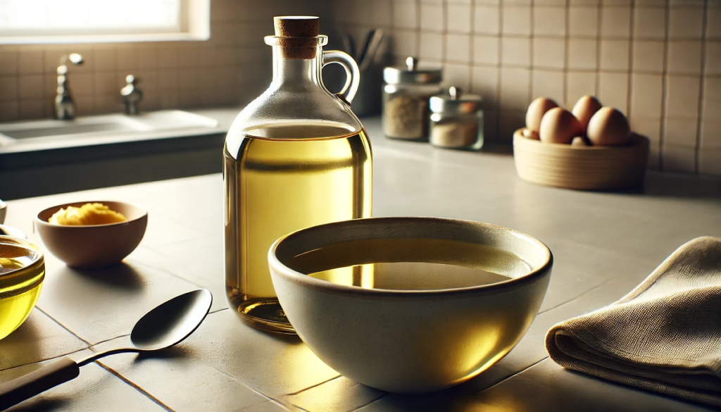 butelka i miseczka z olejem w kuchni