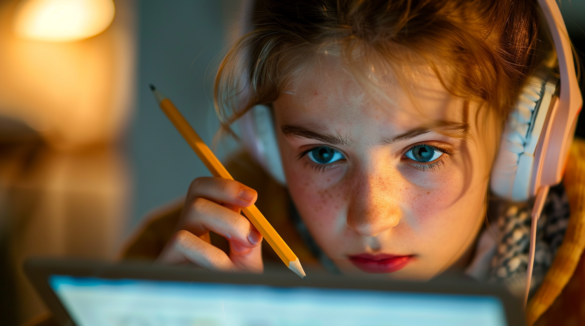 dziecko w słuchawkach patrzy w ekran tableta