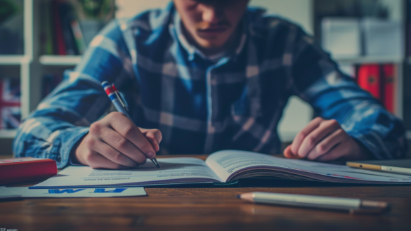 chłopak pisze egzamin