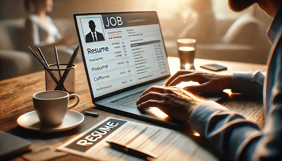 mężczyzna poprawia swoje CV na laptopie