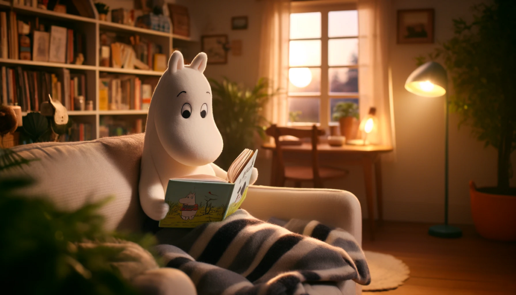 muminek czyta książkę