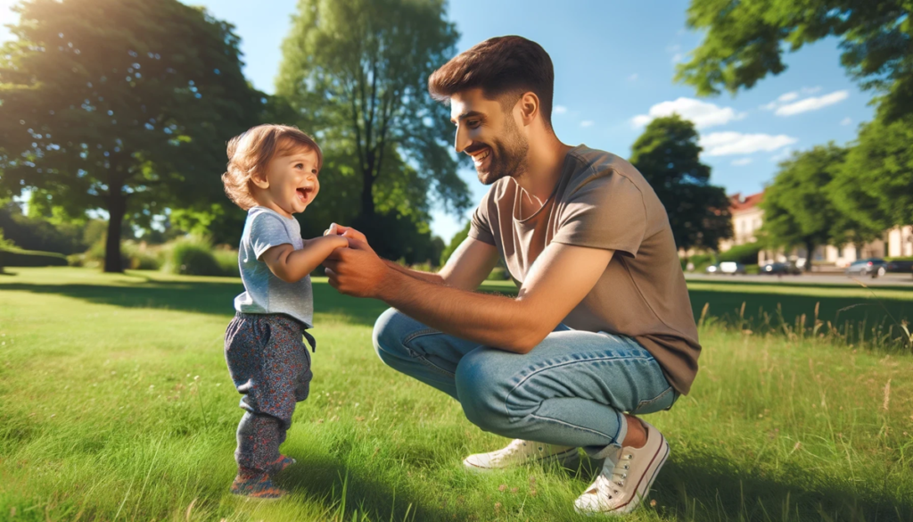 tata bawi się ze swoim dzieckiem w parku