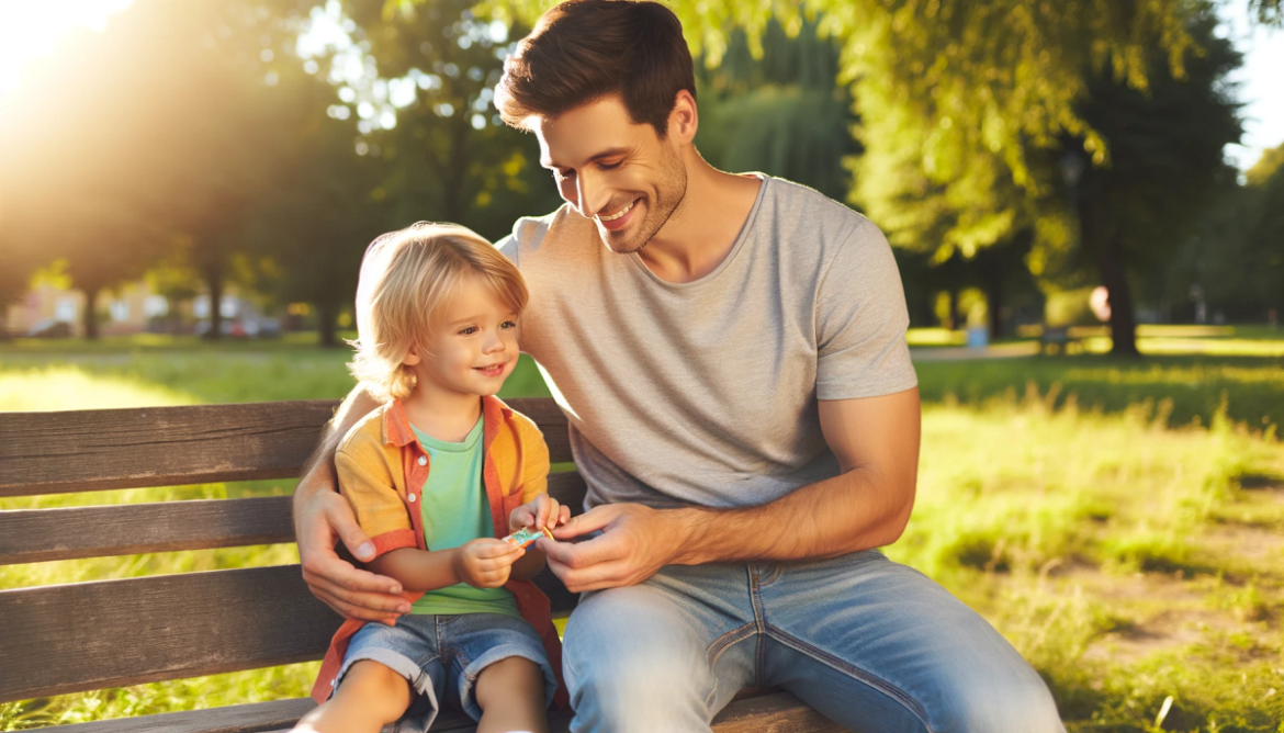 tata z synem na ławce w parku