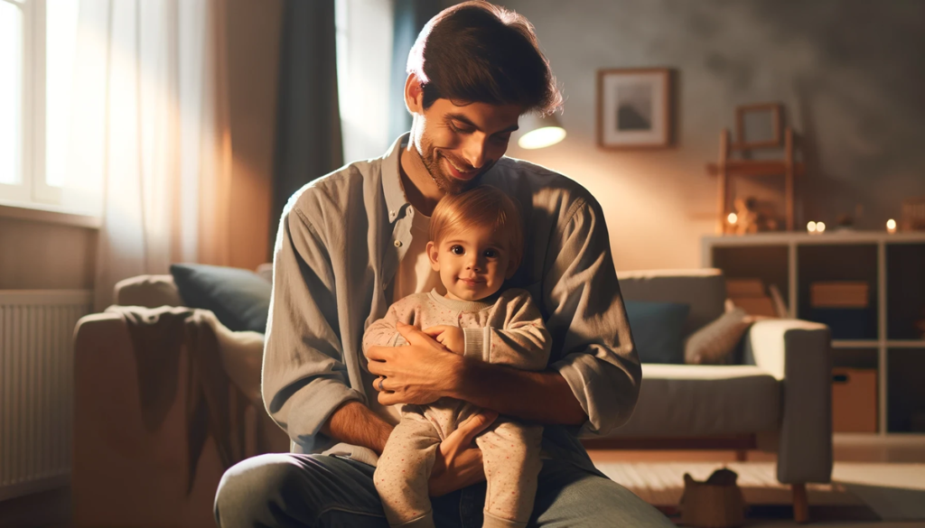 tata trzyma małe dziecko na rękach