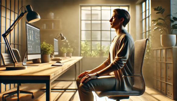 mężczyzna medytuje w pracy