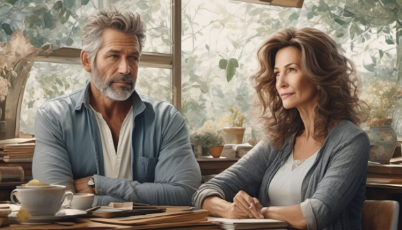 kobieta i mężczyzna w wieku średnim siedzą przy stole