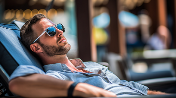 mężczyzna w okularach odpoczywa na leżaku